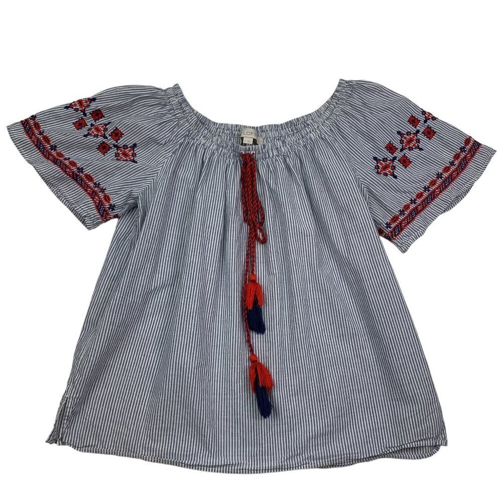 Loft Embroidered Cotton Off The Shoulder Striped Top With Tassels Women's Size S